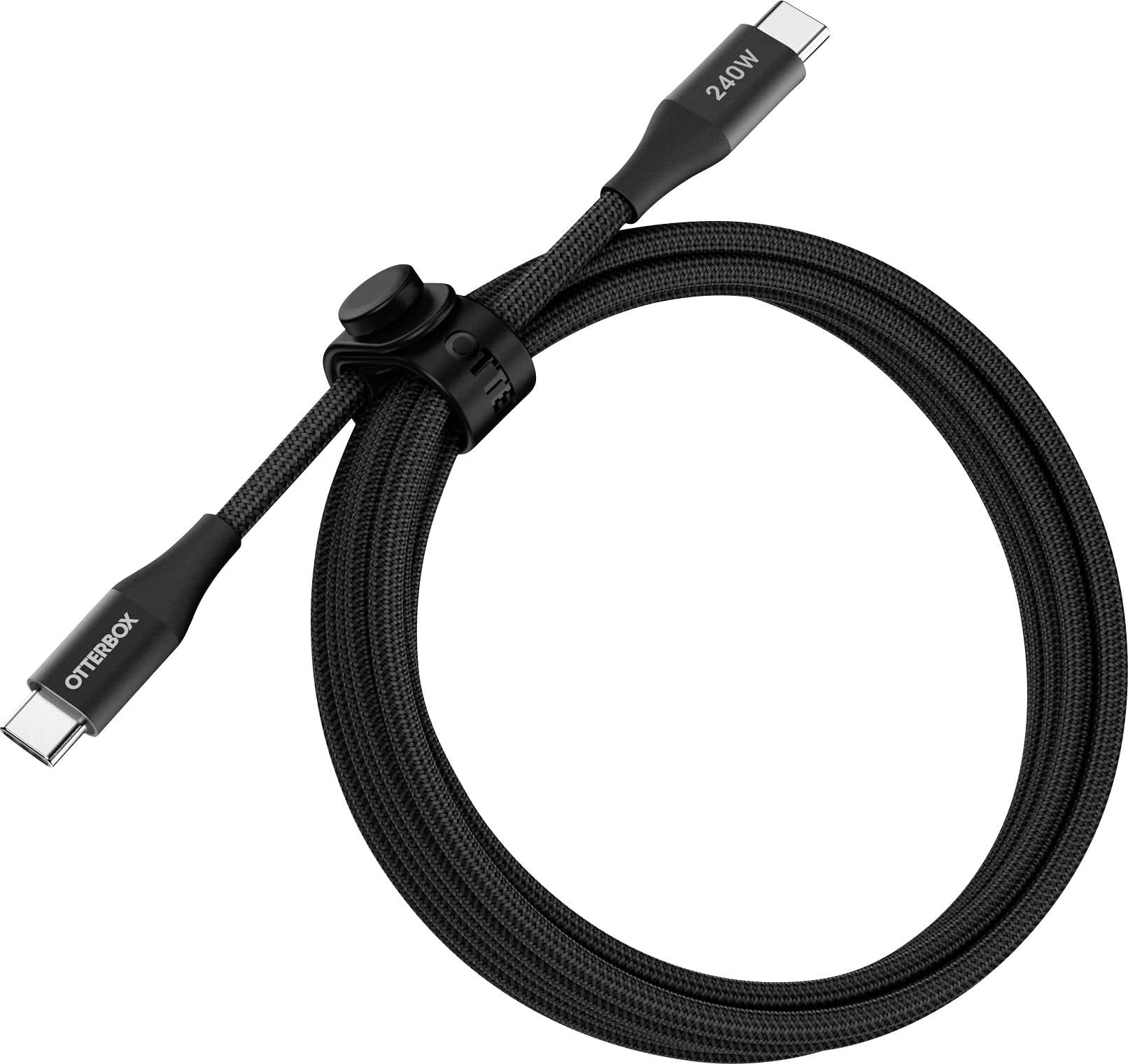 Câble de charge USB-C tressé noir enroulé avec le branding OTTERBOX et le marquage « 240W » sur les extrémités du connecteur.