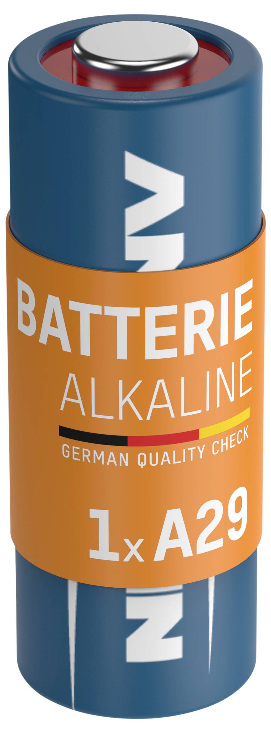Pile alcaline bleue et orange étiquetée « BATTERIE ALKALINE » et « 1x A29 ».