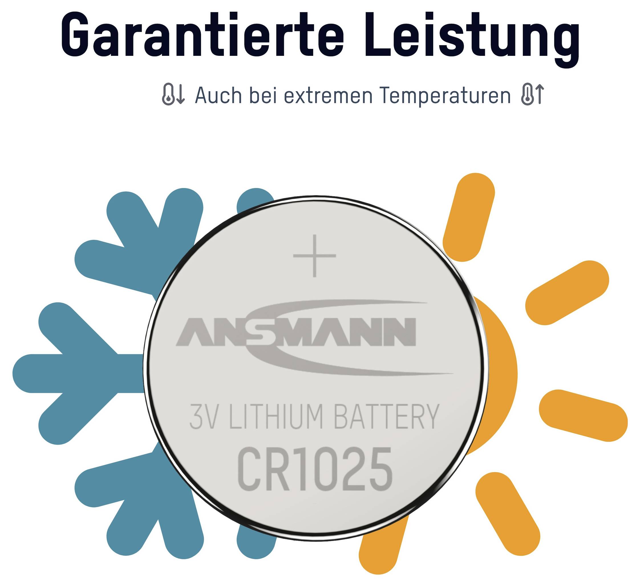 Graphique de batterie étiqueté « Performance garantie » et « Même à des températures extrêmes », affichant une pile lithium ANSMANN CR1025 3V avec des icônes de froid et de chaleur.