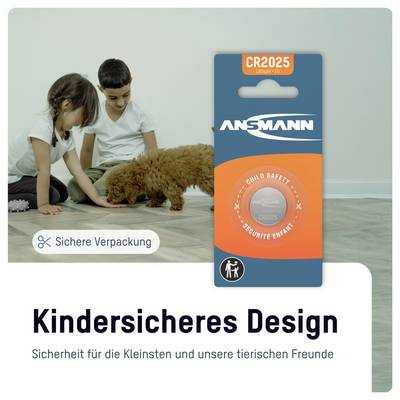 Paquet de batterie avec design sécurisé pour enfants ; deux enfants et un petit chien par terre ; le texte allemand se lit « Conception sécurisée pour enfants » et « Emballage sécurisé ».
