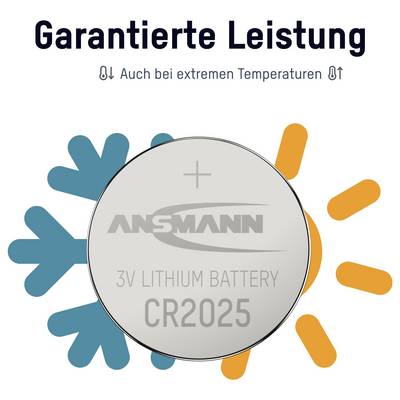 Batterie lithium Ansmann CR2025 3V étiquetée « Performances garanties » et « également aux températures extrêmes », présentée sur fond d'icônes bleues de froid et d'icônes orange de chaleur.
