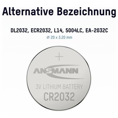 Image d'une pile bouton au lithium CR2032 3V étiquetée « Désignation alternative » avec les noms compatibles DL2032, ECR2032, L14, 5004LC, EA-2032C et les dimensions Ø 20 x 3,20 mm.