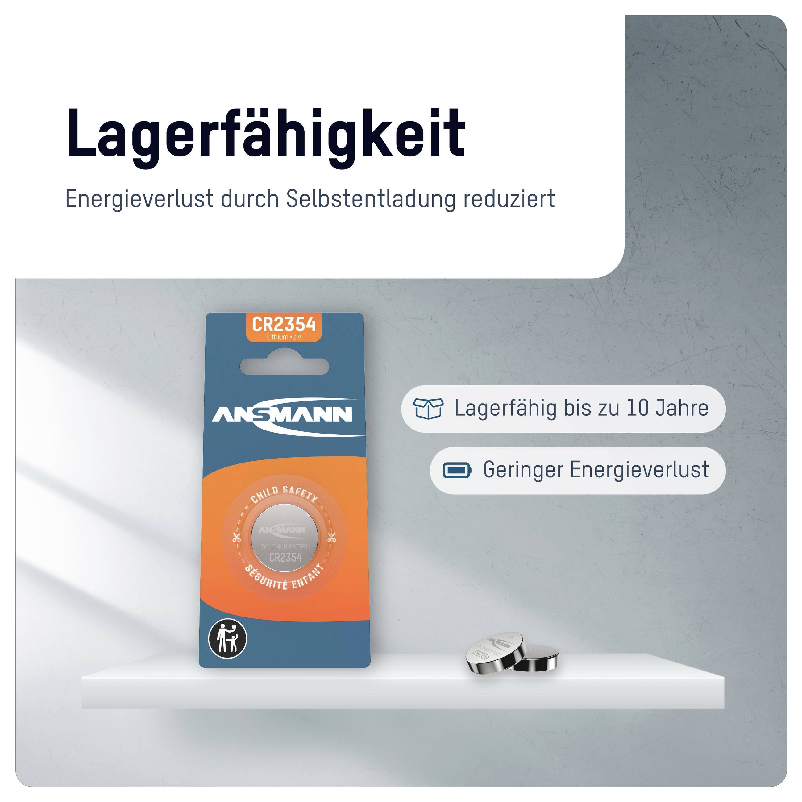 Emballage de batterie Ansmann CR2354 avec le texte « Capacité de stockage » et les légendes « Stockable jusqu'à 10 ans » et « Perte d'énergie faible ».