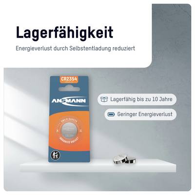 Emballage de batterie Ansmann CR2354 avec le texte « Capacité de stockage » et les légendes « Stockable jusqu'à 10 ans » et « Perte d'énergie faible ».