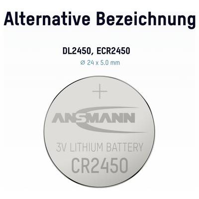 Schéma d'une pile bouton au lithium CR2450 étiquetée « DL2450, ECR2450 », « Ø 24 x 5,0 mm » et « PILE AU LITHIUM 3V CR2450 ».
