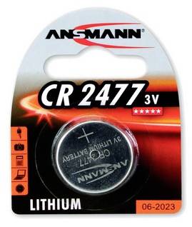 Batterie au lithium Ansmann CR2477 3V en pile bouton dans son emballage de vente au détail, avec date d'expiration 06-2023.