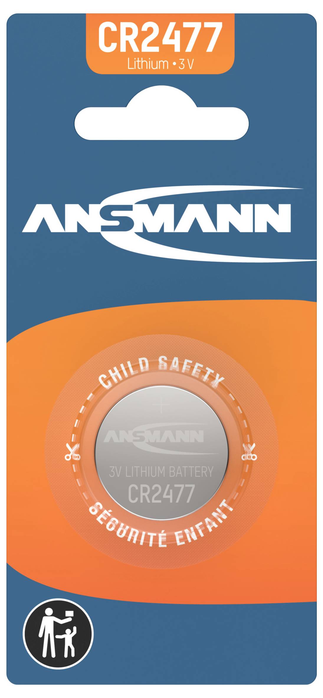 Paquet de batterie lithium Ansmann CR2477 3V avec avertissement de sécurité enfants en orange et symbole de sécurité enfants en bas.