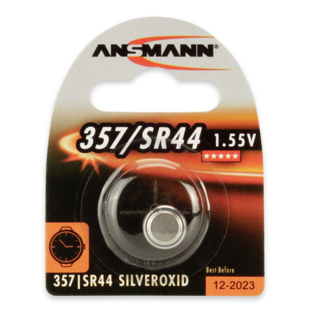 Pile bouton à oxyde d'argent Ansmann 357/SR44 en emballage blister de vente au détail, étiquetée 1,55V et à utiliser avant 12-2023.
