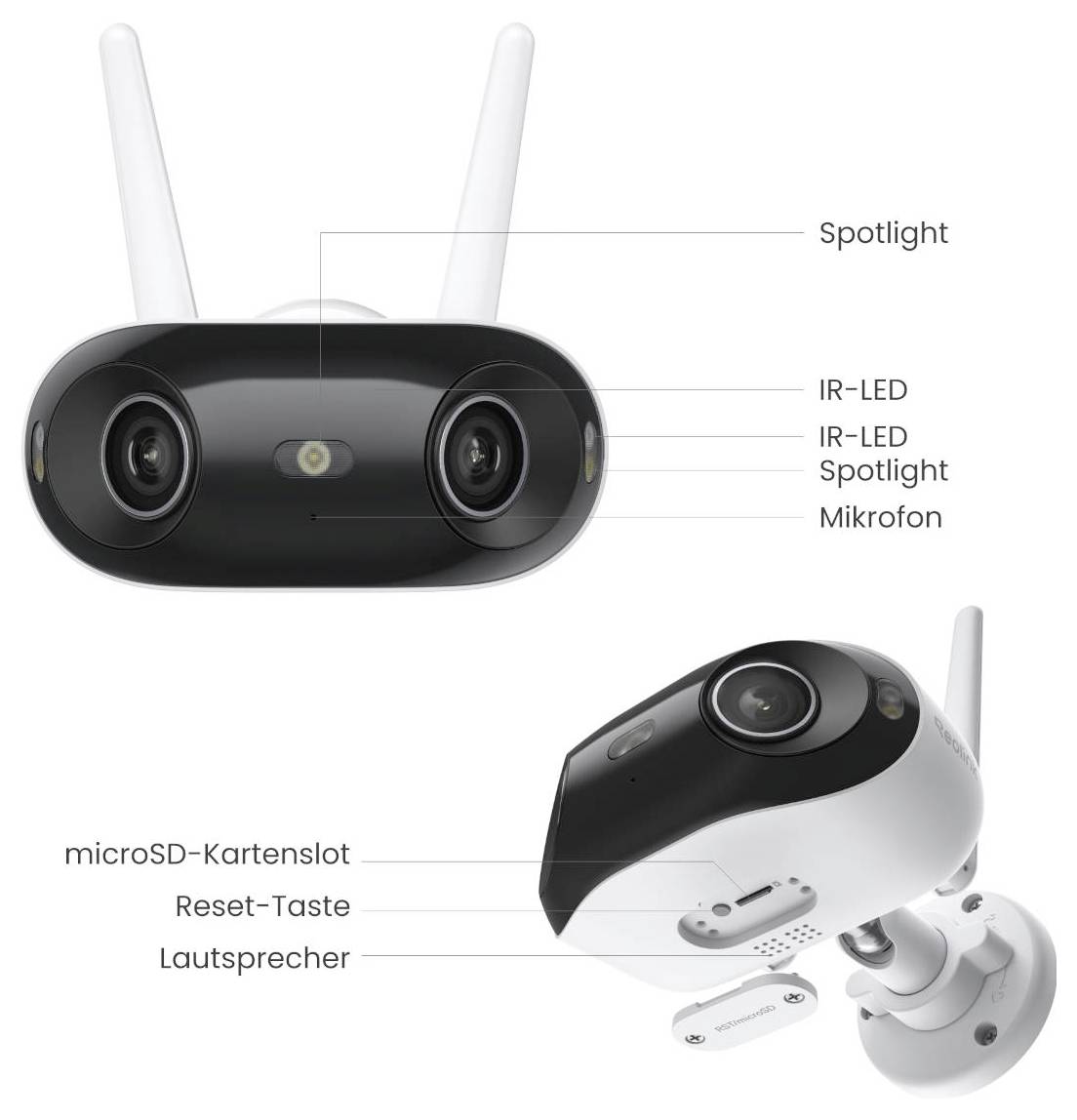 Graphique de produit étiqueté d'une caméra de sécurité WLAN avec deux antennes ; montre la vue de face et la vue de montage avec fente pour carte microSD, bouton de réinitialisation, haut-parleur, projecteur, LED infrarouge et microphone.