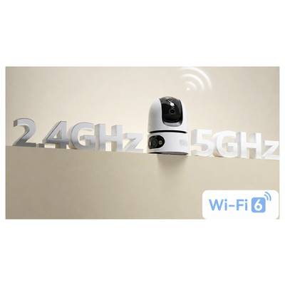 Caméra routeur Wi-Fi 6 entre les étiquettes « 2,4 GHz » et « 5 GHz », montrant la connectivité sans fil double bande.