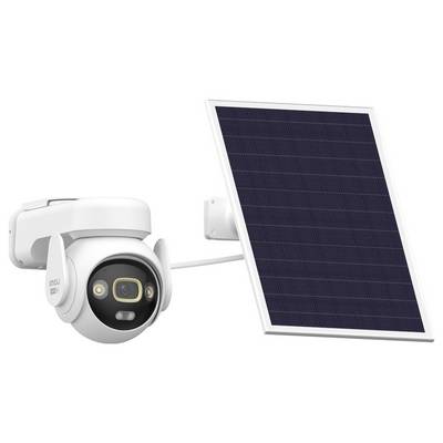Caméra de sécurité blanche alimentée par énergie solaire avec un panneau solaire rectangulaire monté à côté sur un support mural.