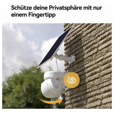 Caméra solaire sur mur de briques avec indication « Protégez votre vie privée en un seul clic » et symbole d'œil fermé pour la fonction de protection des données.