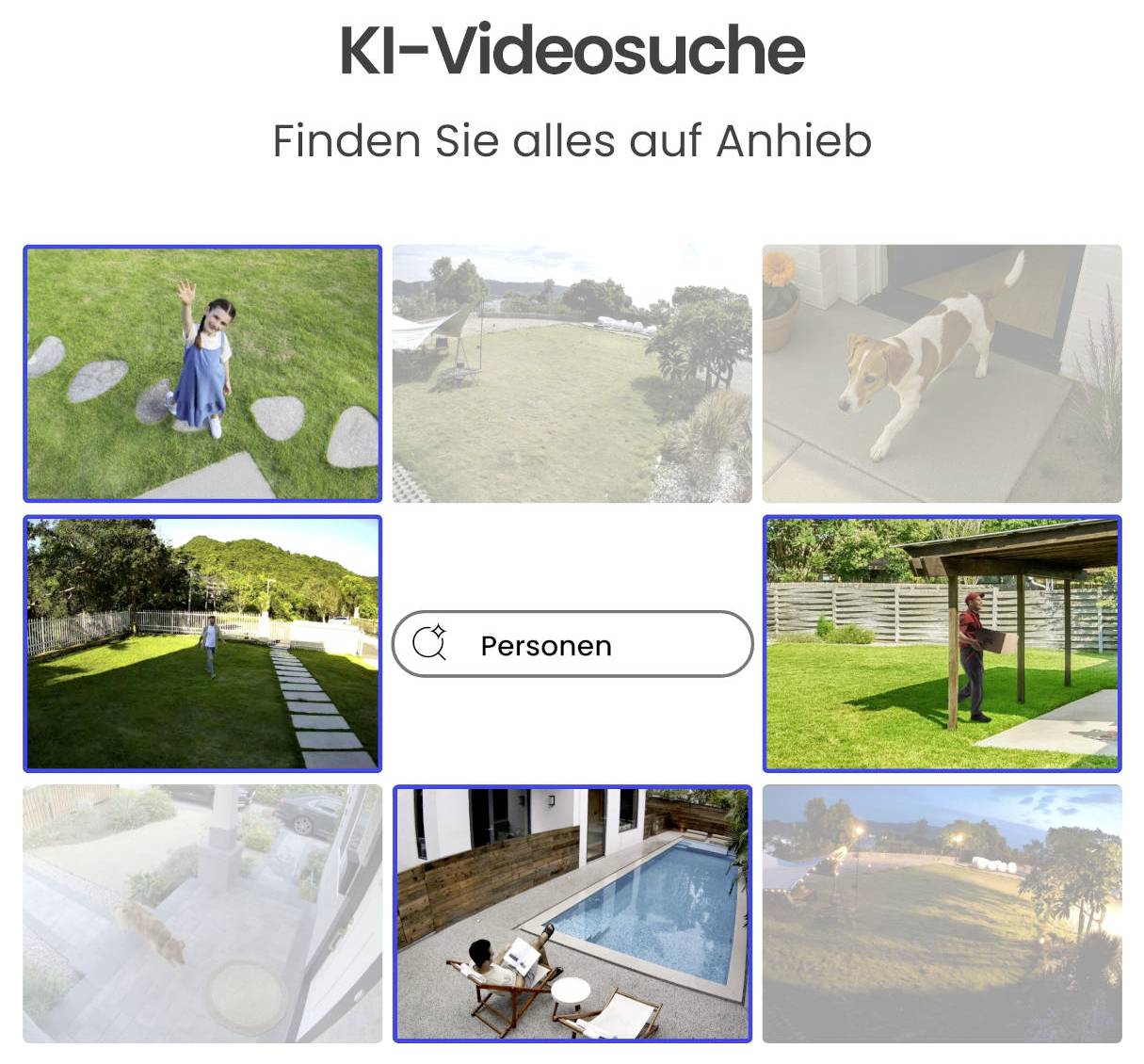 Page d'accueil d'une recherche vidéo IA avec le titre « Recherche vidéo IA » et le sous-titre « Trouvez tout instantanément » ; en dessous des miniatures d'aperçu vidéo et un champ de recherche « Personnes ».