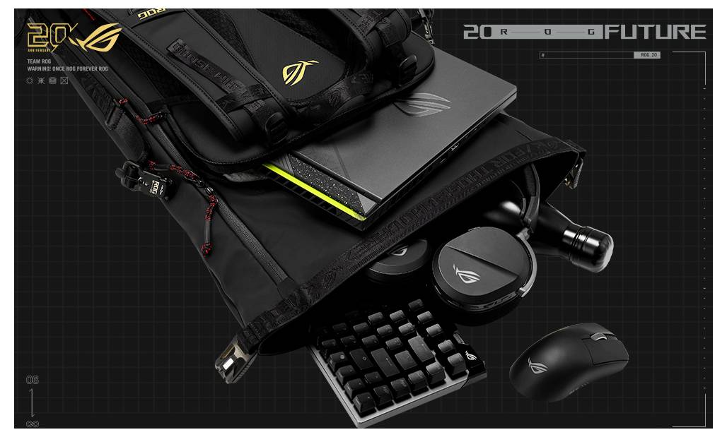 Mise en page de produit stylisée montrant un sac à dos à thème ROG noir avec un ordinateur portable, une tablette, un clavier, une souris, un casque et des écouteurs sans fil sur un fond de grille sombre, avec le texte « 20R » et « FUTURE ».