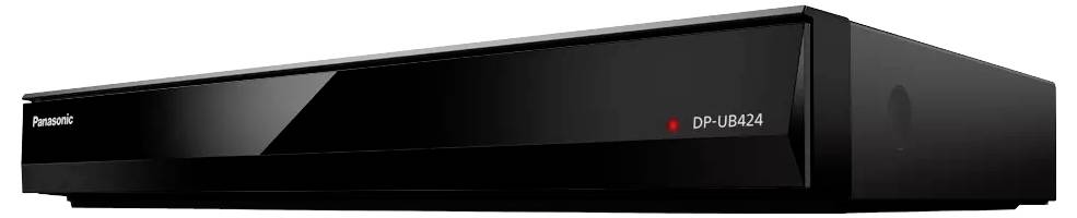 Lecteur Blu-ray Panasonic DP-UB424 noir présenté dans une vue de produit avant-gauche, avec voyant indicateur rouge et nom du modèle sur le panneau frontal.