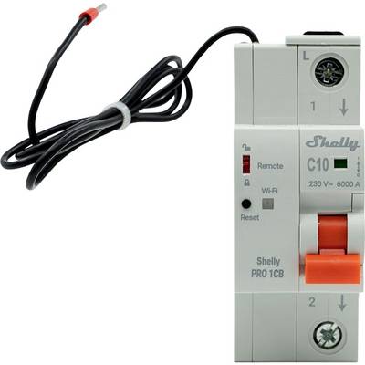 Relais intelligent White Shelly Pro 1CB Wi-Fi avec levier d'interrupteur orange et câble de sonde de capteur de température noir attaché.