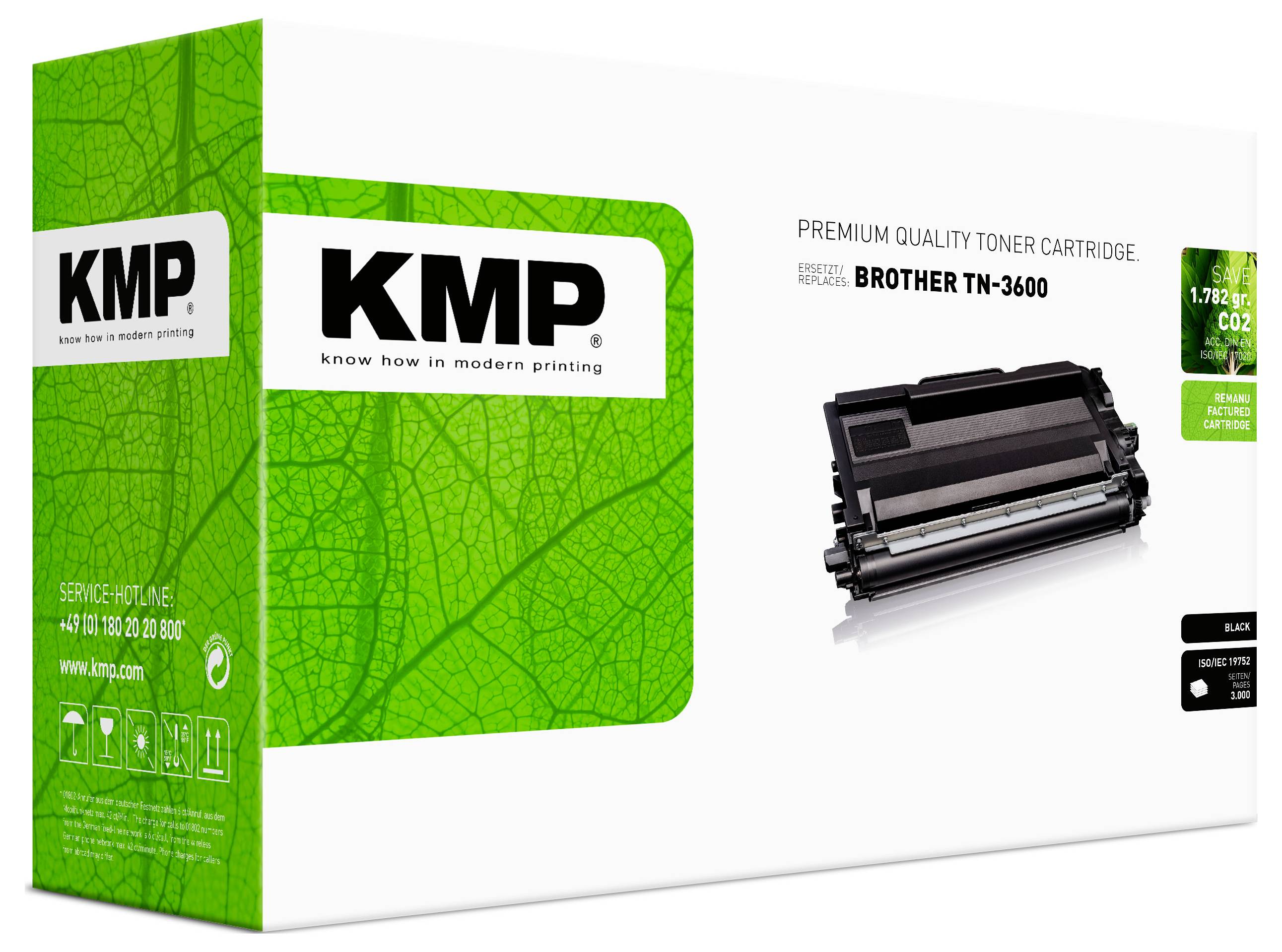 Emballage de cartouche de toner de qualité premium KMP pour Brother TN-3600, présenté dans une boîte verte avec image de toner et étiquette de produit.