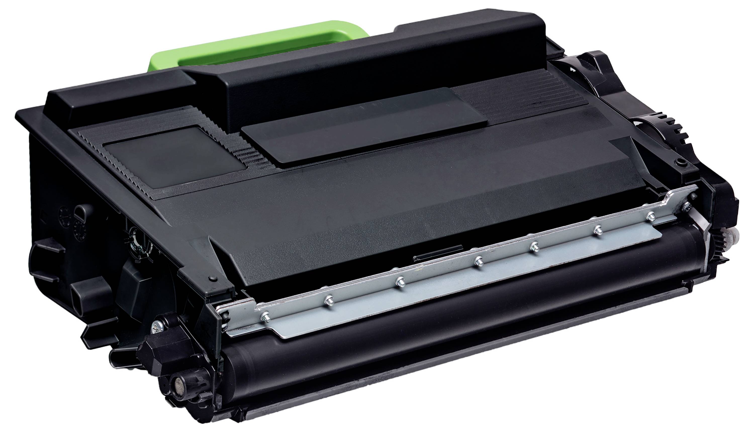 Cartouche de toner pour imprimante noire avec poignée verte, présentée isolée sur fond blanc.