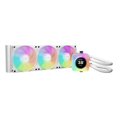 Refroidisseur de processeur à liquide blanc avec trois ventilateurs RGB et un écran de pompe éclairé en couleur circulaire affichant « 38° » et « Light » ; tubes tressés blancs attachés.