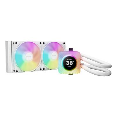 Refroidisseur de processeur à liquide blanc avec deux ventilateurs RGB éclairés et un écran de pompe lumineux affichant « 38° », avec un tuyautage blanc attaché.