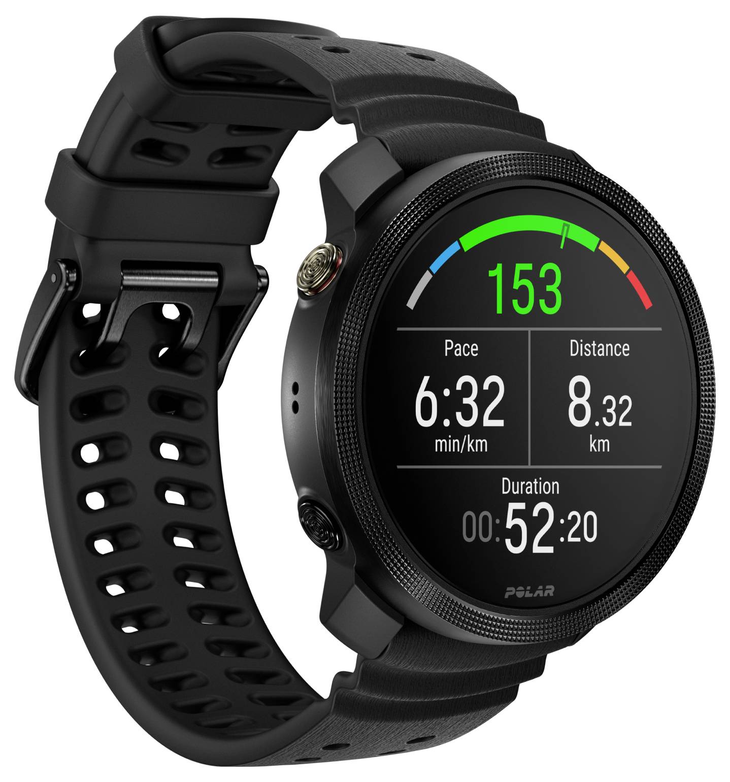 Montre de sport GPS Black Polar affichant les métriques d'entraînement : fréquence cardiaque 153, allure 6:32 min/km, distance 8,32 km, durée 00:52:20.