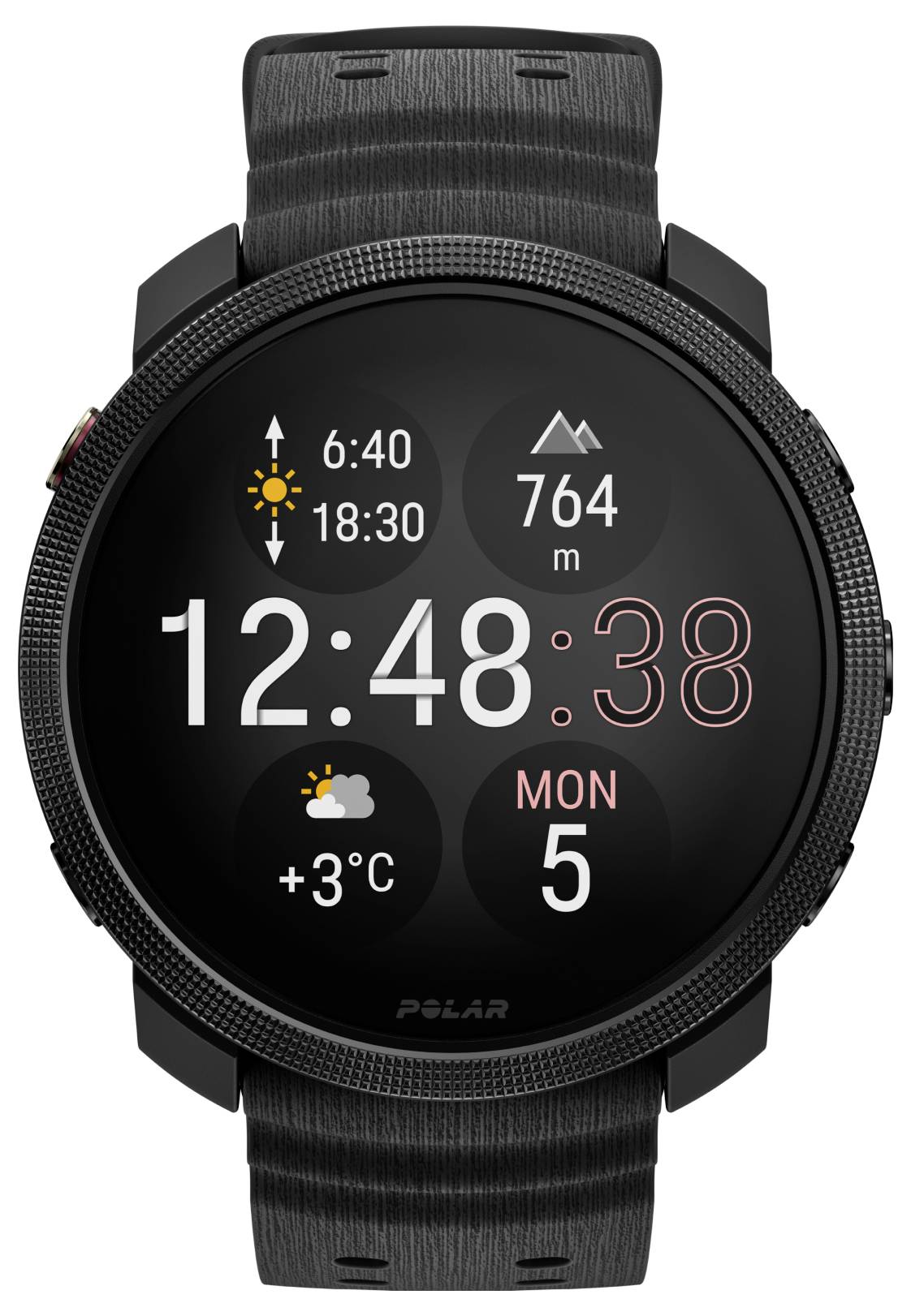 Montre intelligente Polar ronde affichant l'heure 12:48:38, lundi 5, +3°C, lever du soleil 6:40, coucher du soleil 18:30, et altitude 764 m.