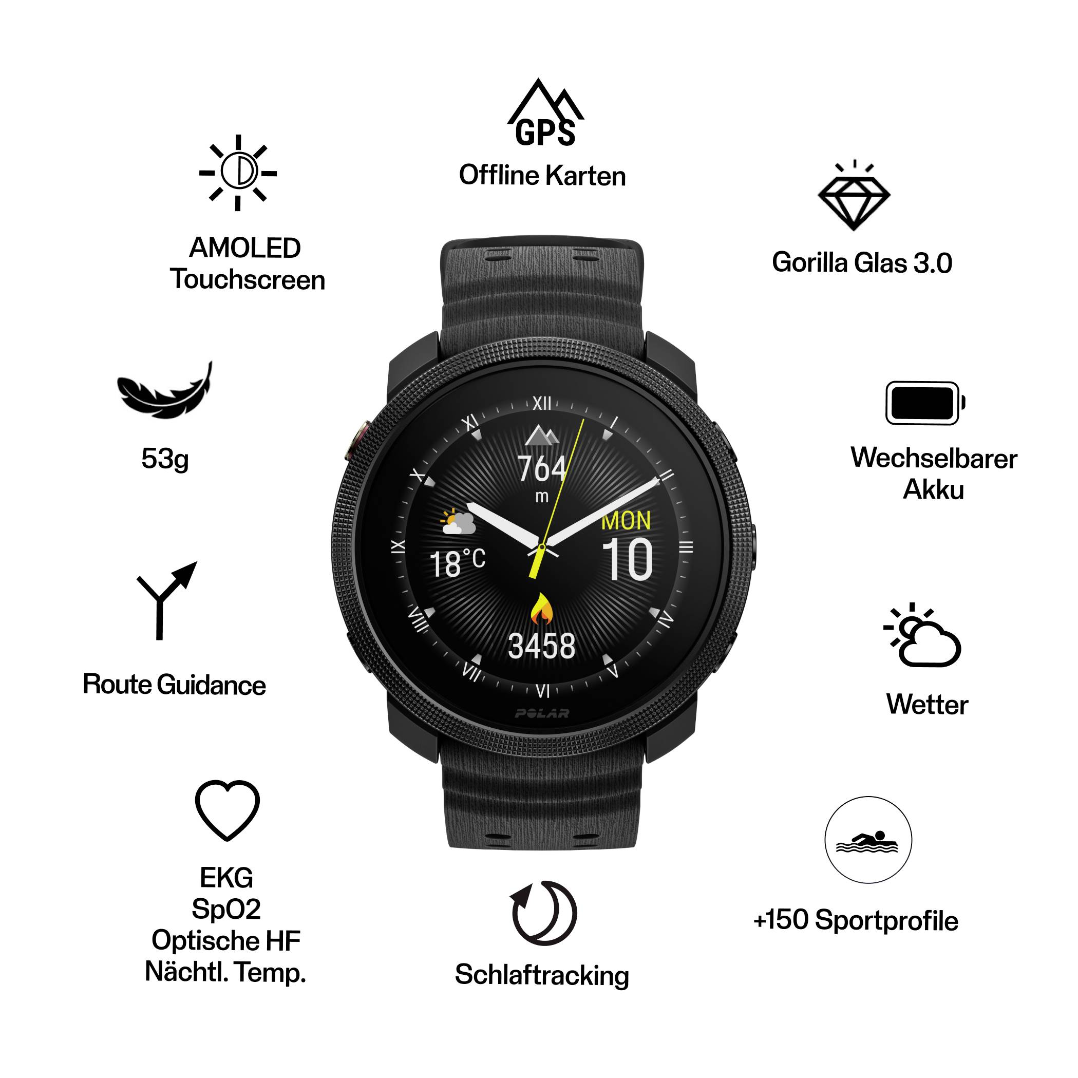 Montre intelligente noire avec écran rond ; mettant en évidence les cartes GPS hors ligne, écran tactile AMOLED, Gorilla Glass 3.0, batterie remplaçable, météo, suivi du sommeil et plus de 150 profils sportifs.