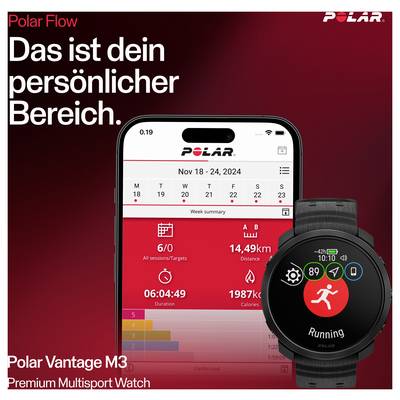 Publicité pour Polar Flow et Polar Vantage M3 : Application smartphone avec vue hebdomadaire et montre de running devant un fond rouge, slogan « C'est ton espace personnel. »