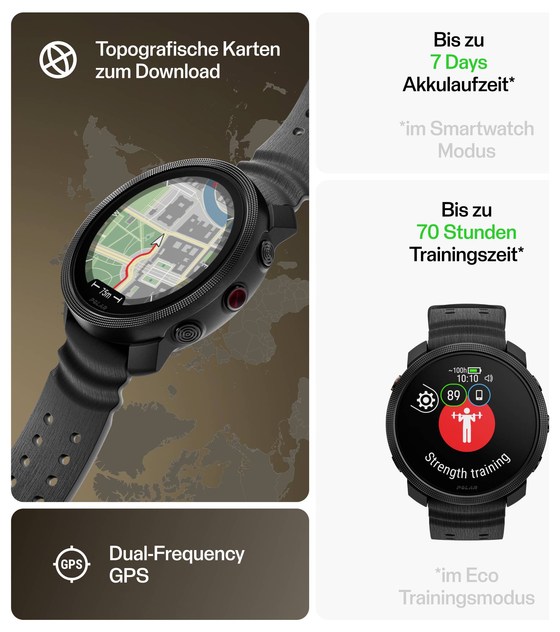 Graphique publicitaire pour une montre intelligente avec cartes topographiques, GPS bi-fréquence, jusqu'à 7 jours d'autonomie de batterie et jusqu'à 70 heures de temps d'entraînement en mode Eco.