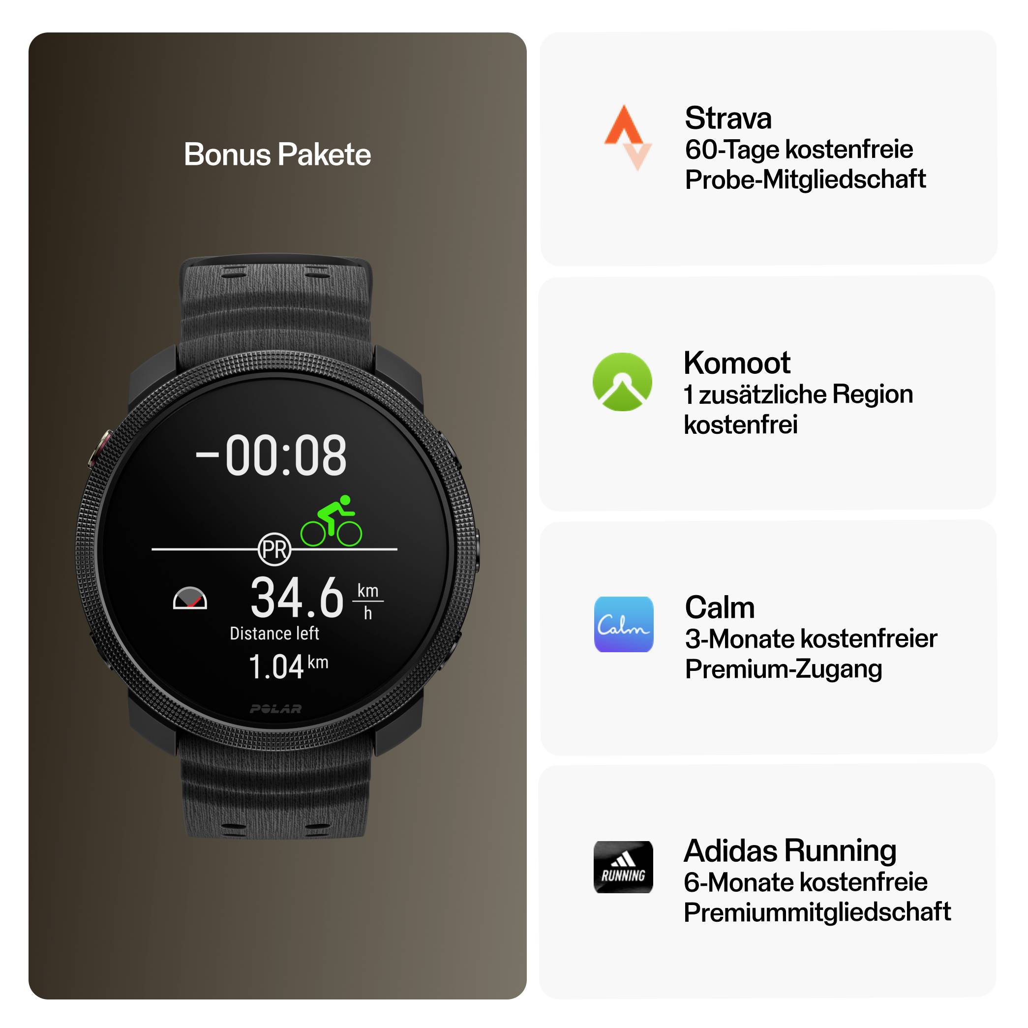 Graphique publicitaire avec une montre de sport et le titre « Forfaits Bonus » ; à droite quatre avantages : adhésion d'essai Strava 60 jours, Komoot 1 région, Calm 3 mois Premium, Adidas Running 6 mois Premium.