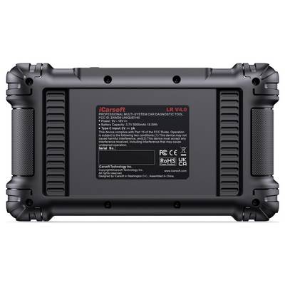 Vue arrière d'un robuste outil de diagnostic automobile professionnel multi-systèmes iCarsoft LR V4.0, montrant l'étiquette du produit et les informations de modèle sur son boîtier.