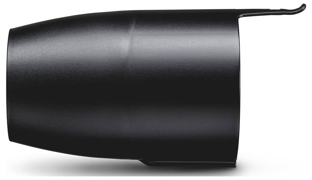 Couvercle ou boîtier cylindrique noir en plastique avec une petite languette crochetée à une extrémité, présenté sur un fond blanc