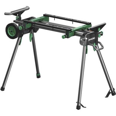 Support de scie de chantier HiKOKI portable avec pieds pliants et roue pour transporter une scie à onglets.
