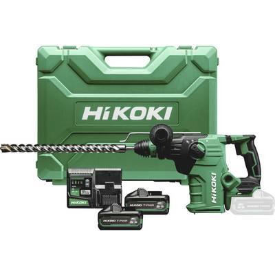 Kit de perceuse-marteau rotatif sans fil HIKOKI avec boîtier de transport vert, chargeur de batterie et deux batteries sur un fond blanc