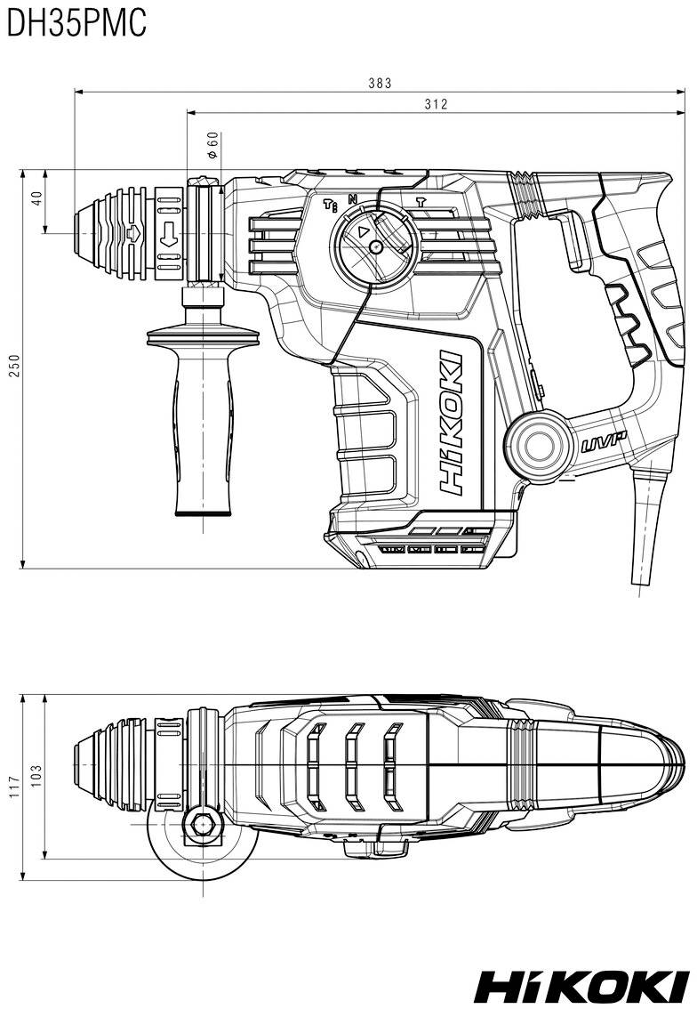 Dessin technique d'un perforateur rotatif HiKOKI DH35PMC, présenté en vues latérale et supérieure avec des mesures de dimensions.