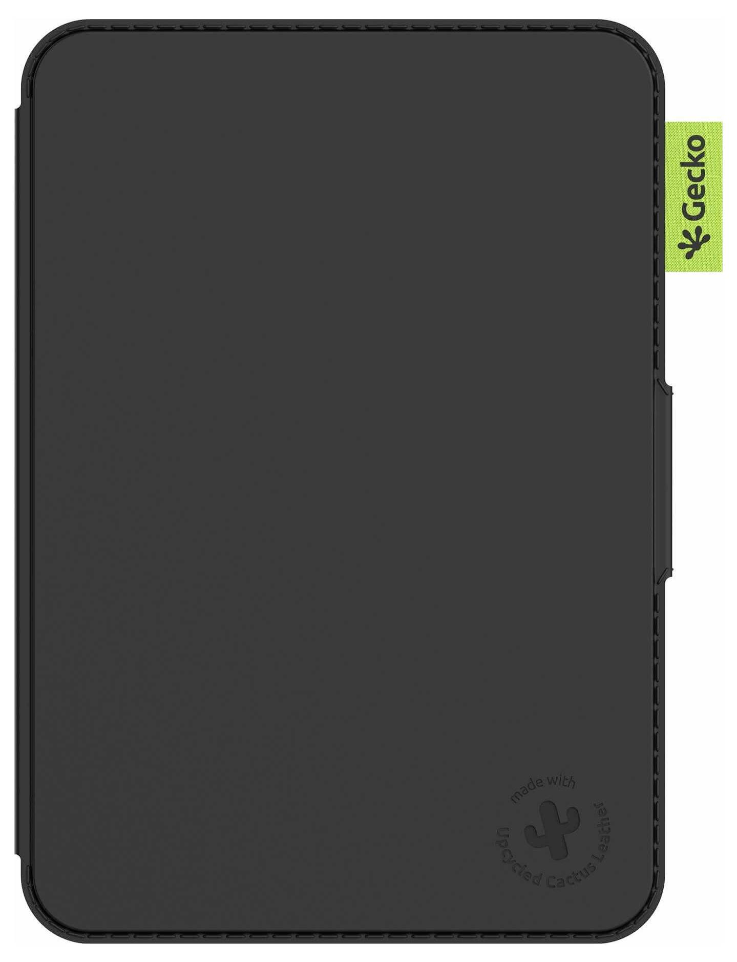 Étui folio pour tablette Black Gecko avec couverture fermée, montrant une petite étiquette verte « Gecko » sur le bord droit.