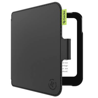 Étui folio pour téléphone en cuir noir avec un rabat avant et une étiquette "Gecko" verte visible, montré ouvert autour d'un smartphone.