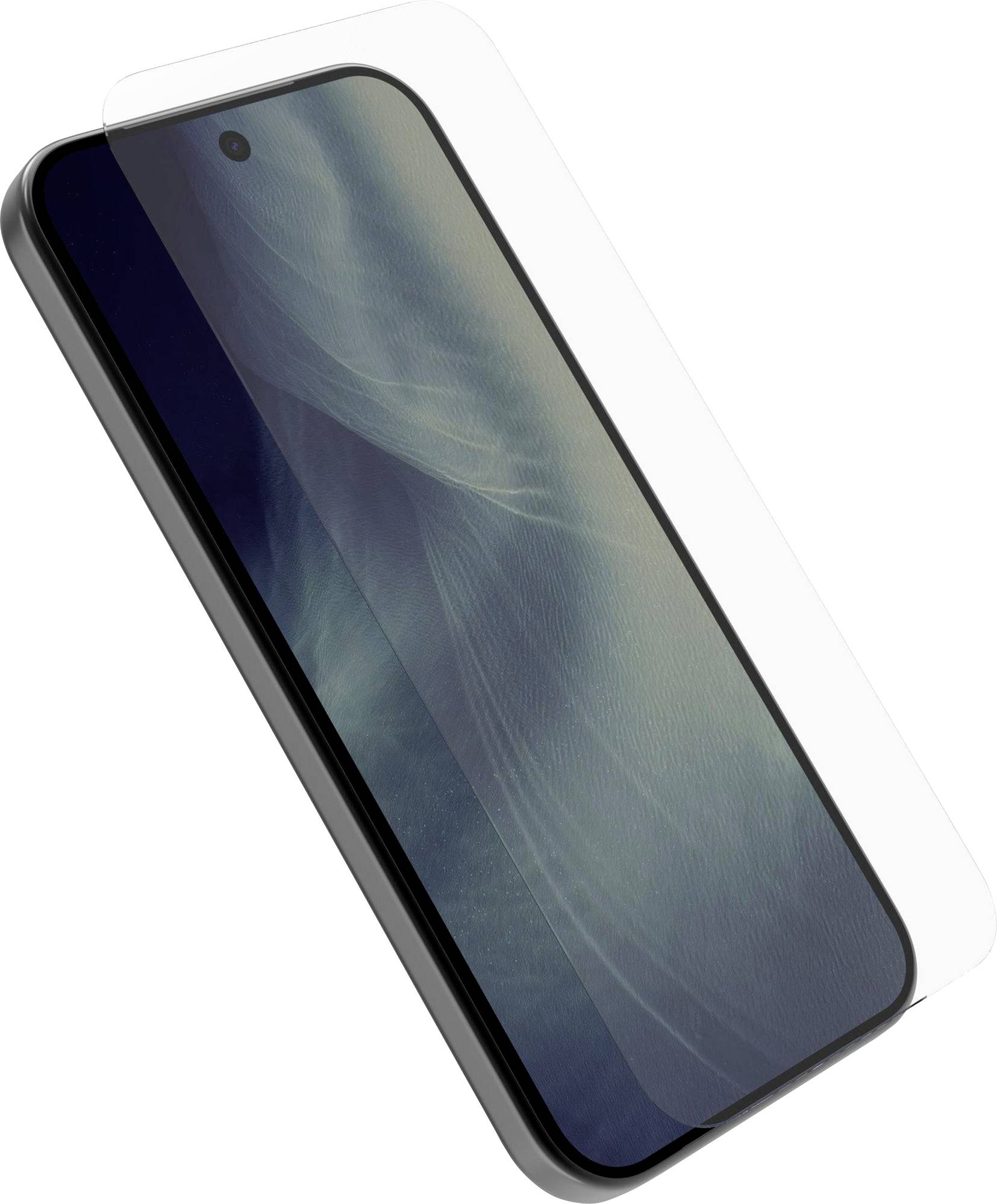 Téléphone intelligent présenté en angle avec un film protecteur transparent couvrant l'écran.