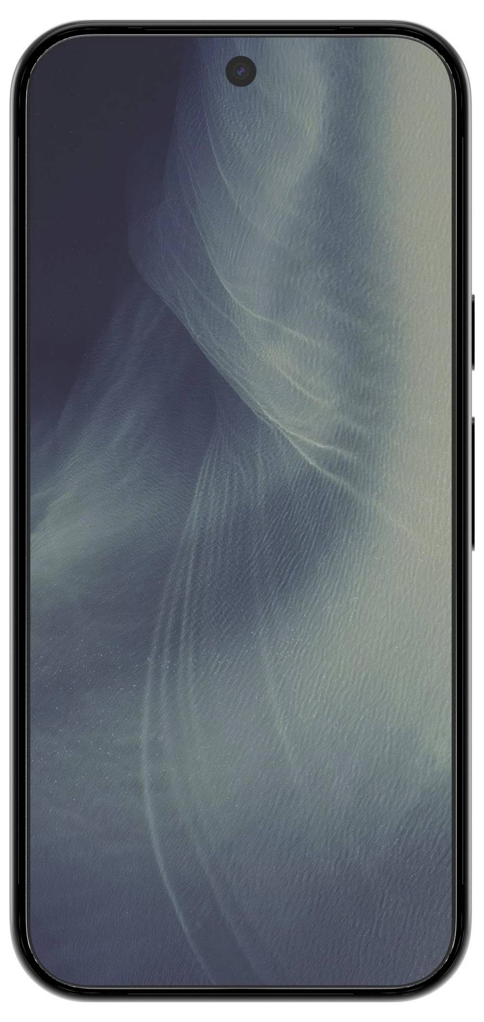 Vue de face d'un smartphone noir avec un écran presque sans bordure et un appareil photo frontal avec découpe centrale, affichant un fond d'écran abstrait bleu-vert.