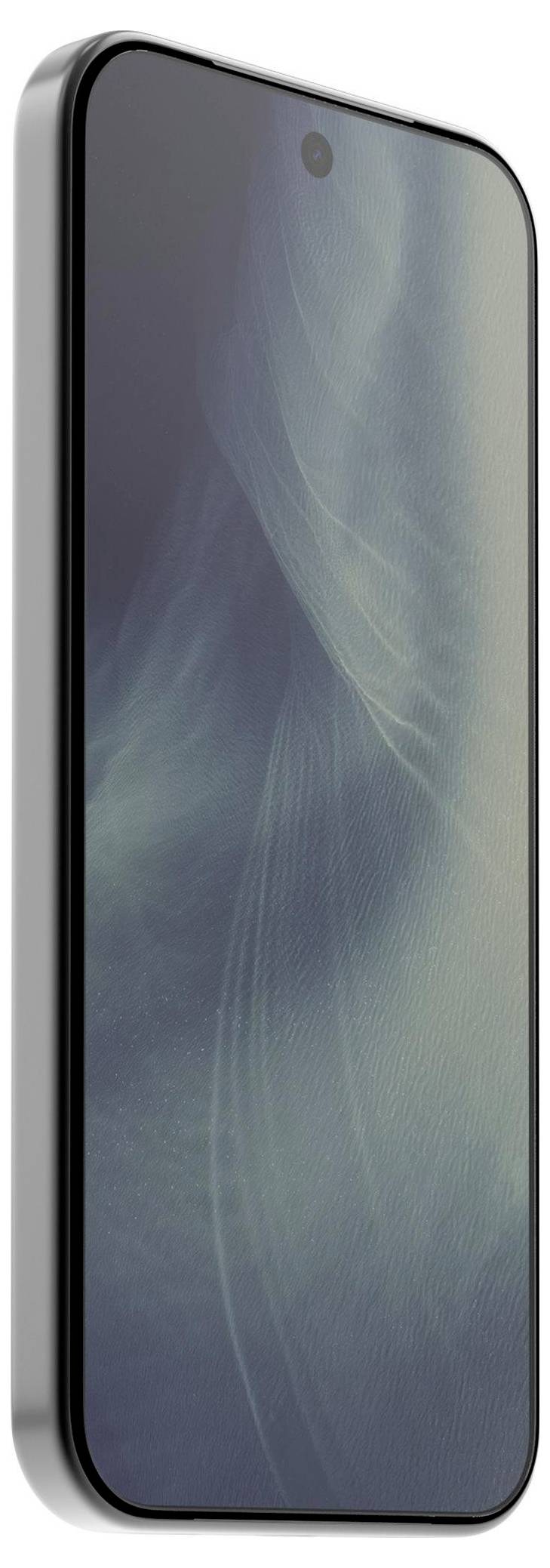 Vue de face d'un smartphone moderne avec un fin contour et une caméra frontale centrée, présenté selon un léger angle sur un fond blanc.
