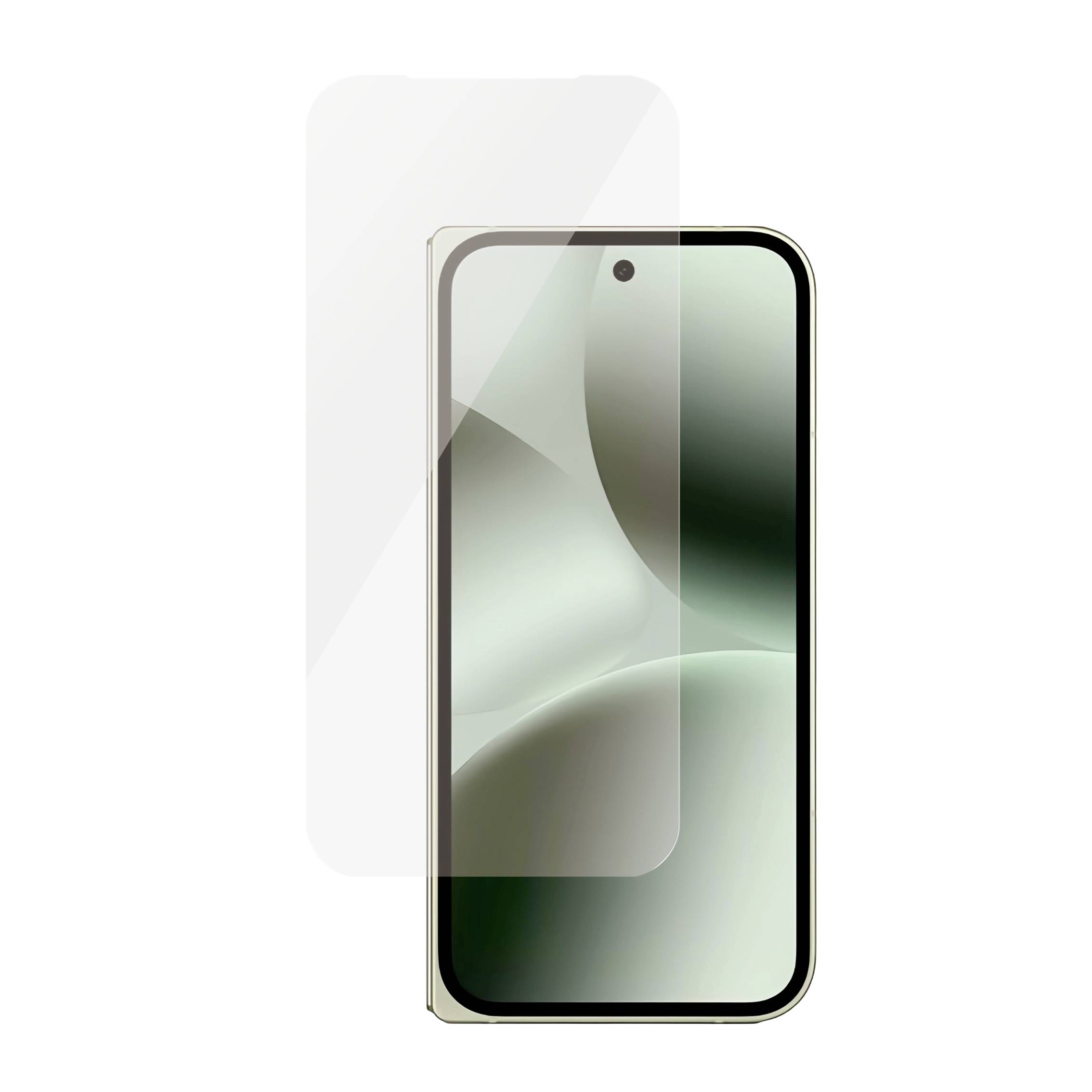 Vue frontale d'un smartphone avec un film de protection transparent partiellement chevauchant l'écran.