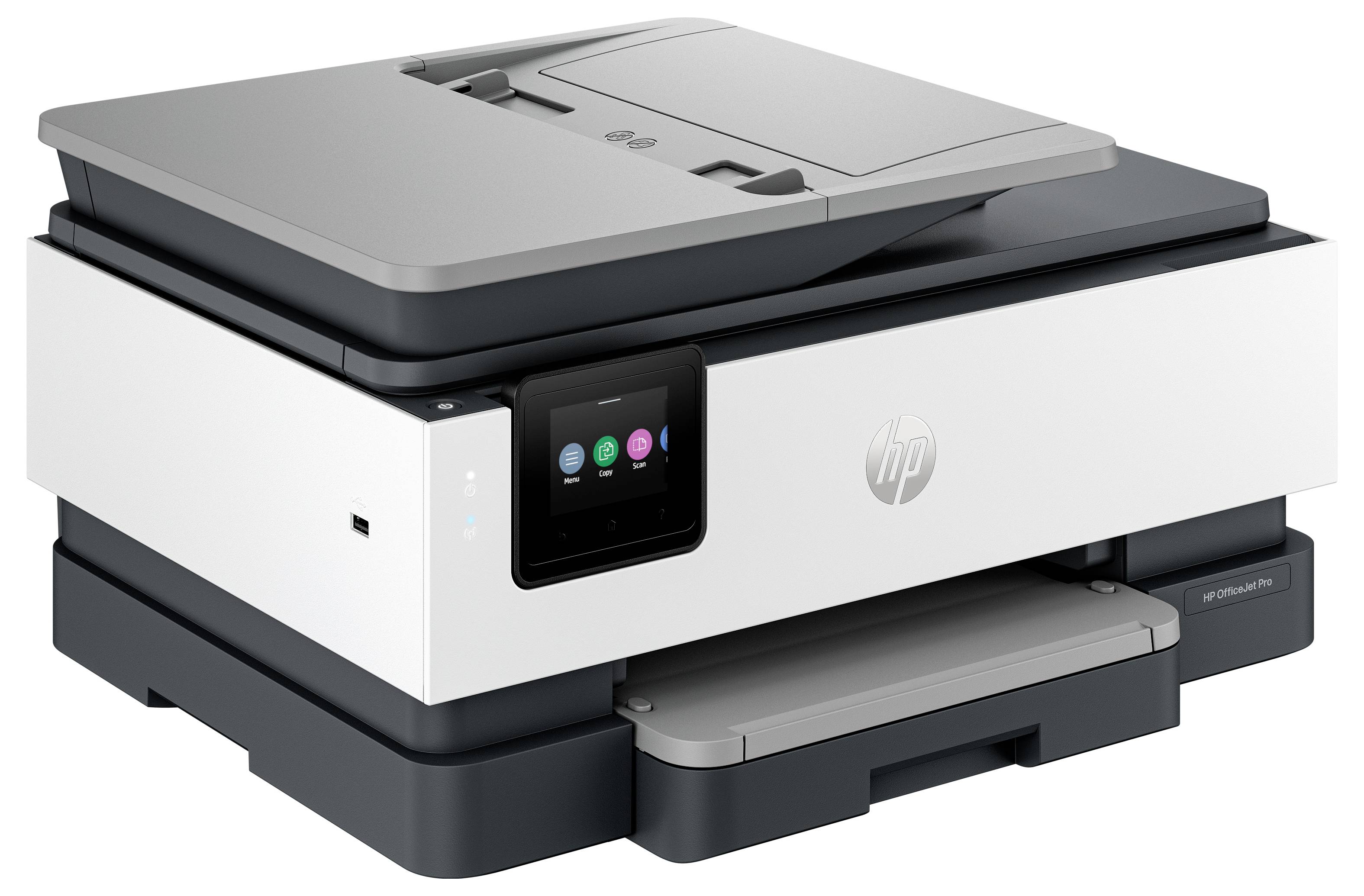 Imprimante tout-en-un HP avec couvercle scanner et écran tactile frontal, présentée sur un fond blanc.