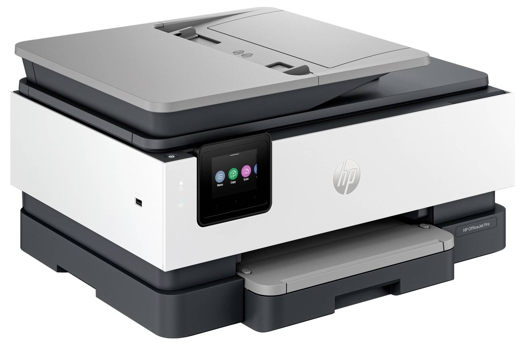 Imprimante multifonction HP gris foncé et blanc avec écran tactile, montrant la vue de face et de dessus sur fond blanc.