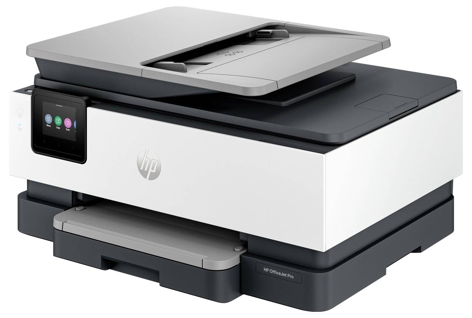 Imprimante tout-en-un HP OfficeJet Pro avec panneau de commande à écran tactile, scanner à plat et bac à papier frontal sur fond blanc