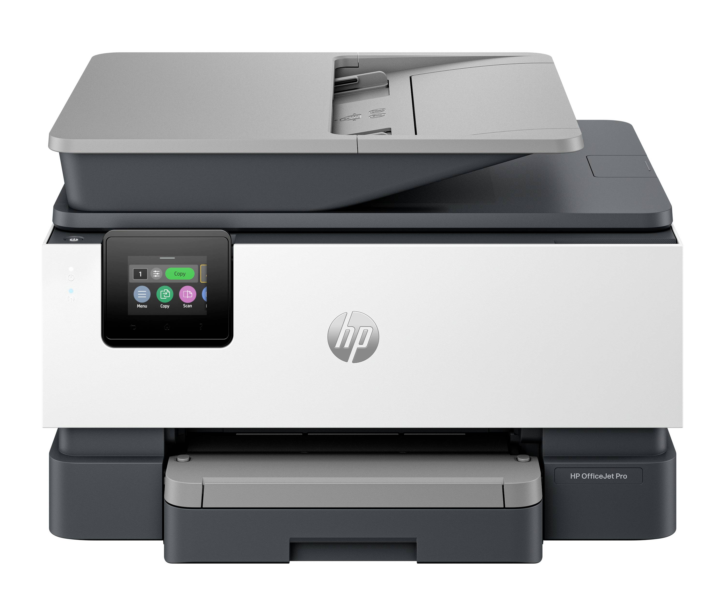 Vue de face d'une imprimante multifonction HP OfficeJet Pro avec écran tactile et bac à papier, présentée sur un fond uni.
