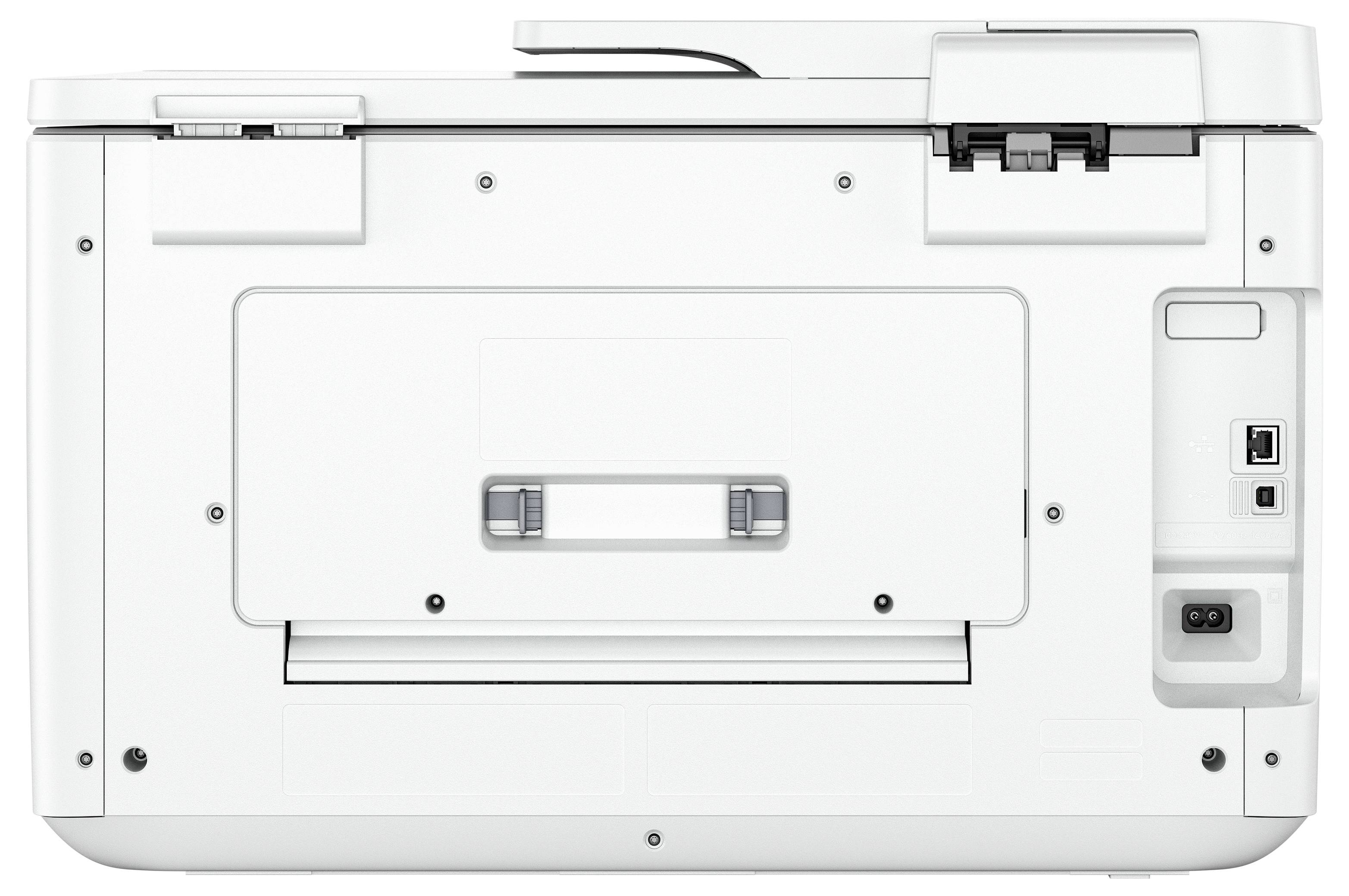 Vue arrière d'une imprimante multifonction blanche avec plateau de sortie papier, panneau d'accès arrière, entrée d'alimentation et port USB visibles.