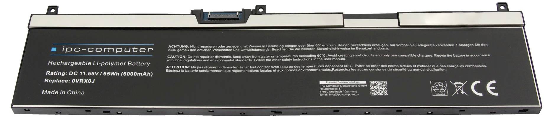 Pack de batterie lithium-polymère rechargeable pour ordinateur portable avec étiquette affichant la marque ipc-computer, puissance nominale 11,1V 85Wh 6800mAh, et symboles CE/recyclage.