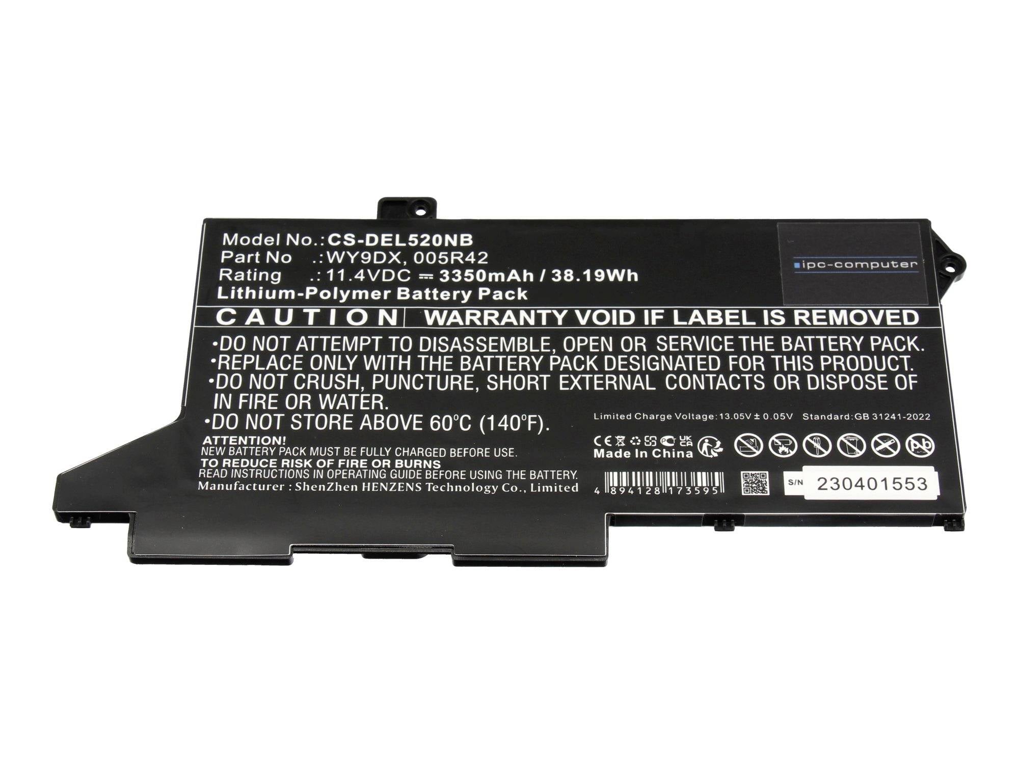 Batterie de pack pour ordinateur portable noir avec étiquette d'avertissement, affichant le modèle CS-DFL520NB et les spécifications 11,4V, 3350mAh.