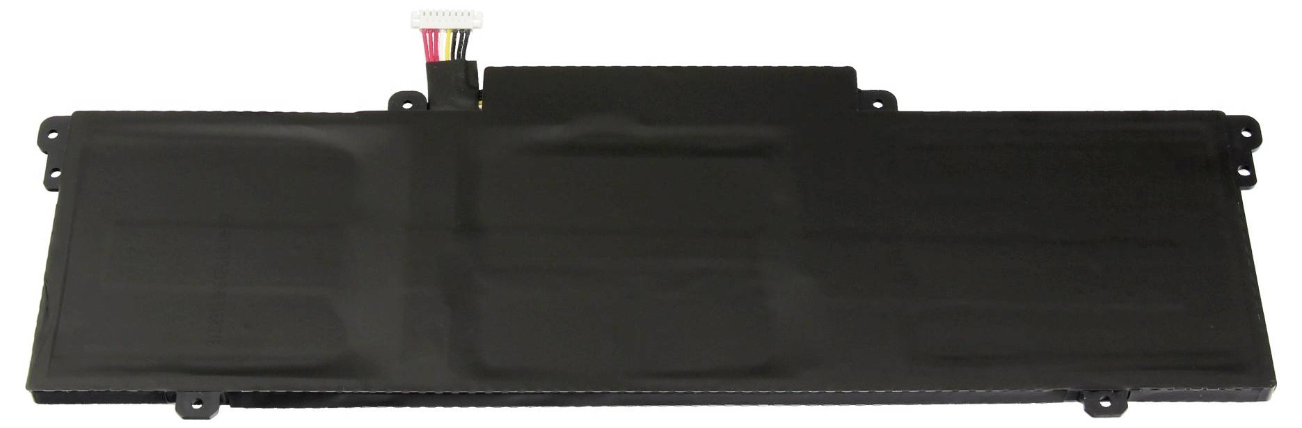 Batterie d'ordinateur portable rectangulaire noire avec connecteur et pattes de fixation, présentée sur un fond blanc.