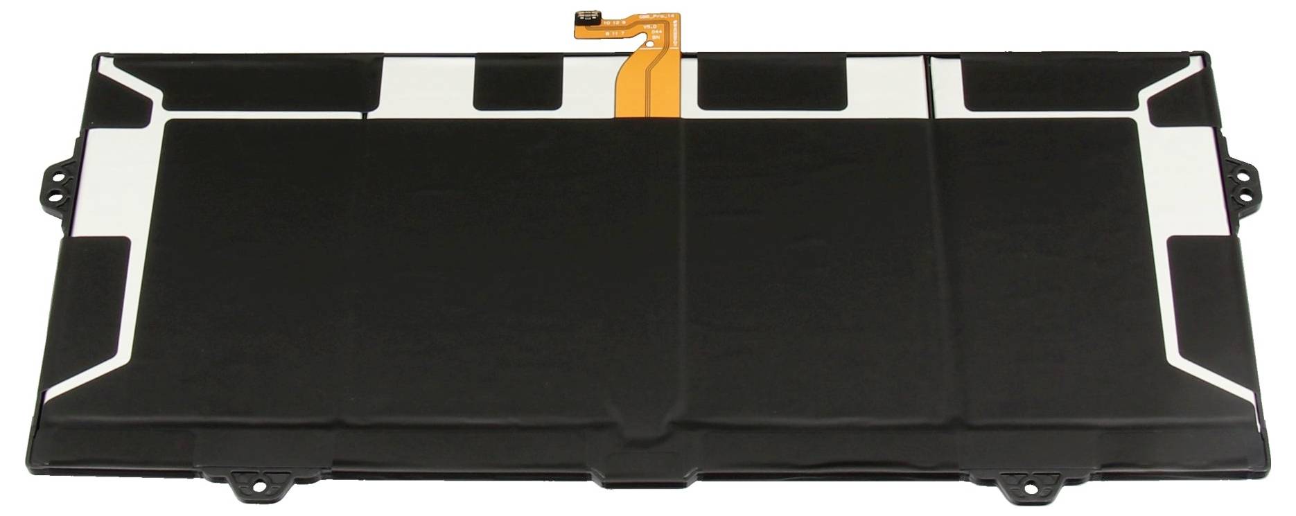 Boîtier de composant électronique rectangulaire noir avec un connecteur à ruban flexible orange au centre supérieur et des pattes de montage sur les côtés.